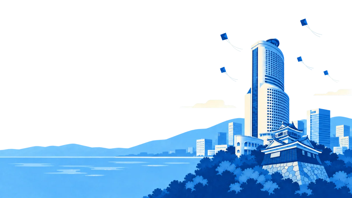 アクトタワーと浜松城が見える浜松のまちのイラスト